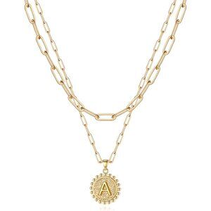 14K Gold Plated Initial Necklace - Dainty Layered Paperclip Chain Jewelry